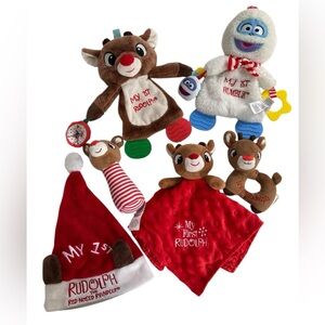 Lot - Baby My 1st Rudolph Bumble Christmas Lovey Rattles Teether Hat 6-Piece Set